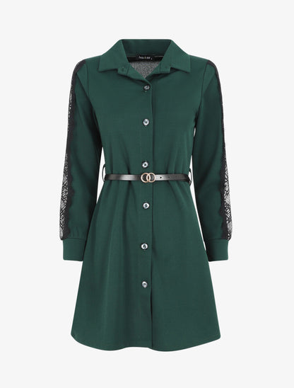 Robe chemise à manches dentelle - Vert foncé - 5
