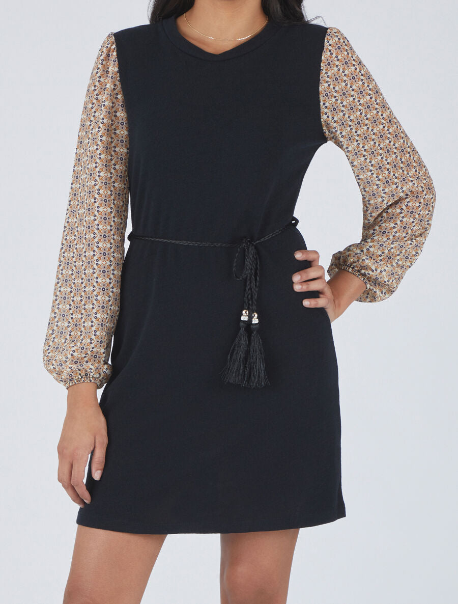 Robe coupe droite à manches imprimé fleuri - Beige - 4