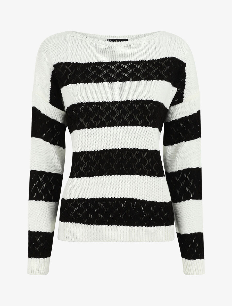 Pull rayé en maille ajourée - Noir - 4