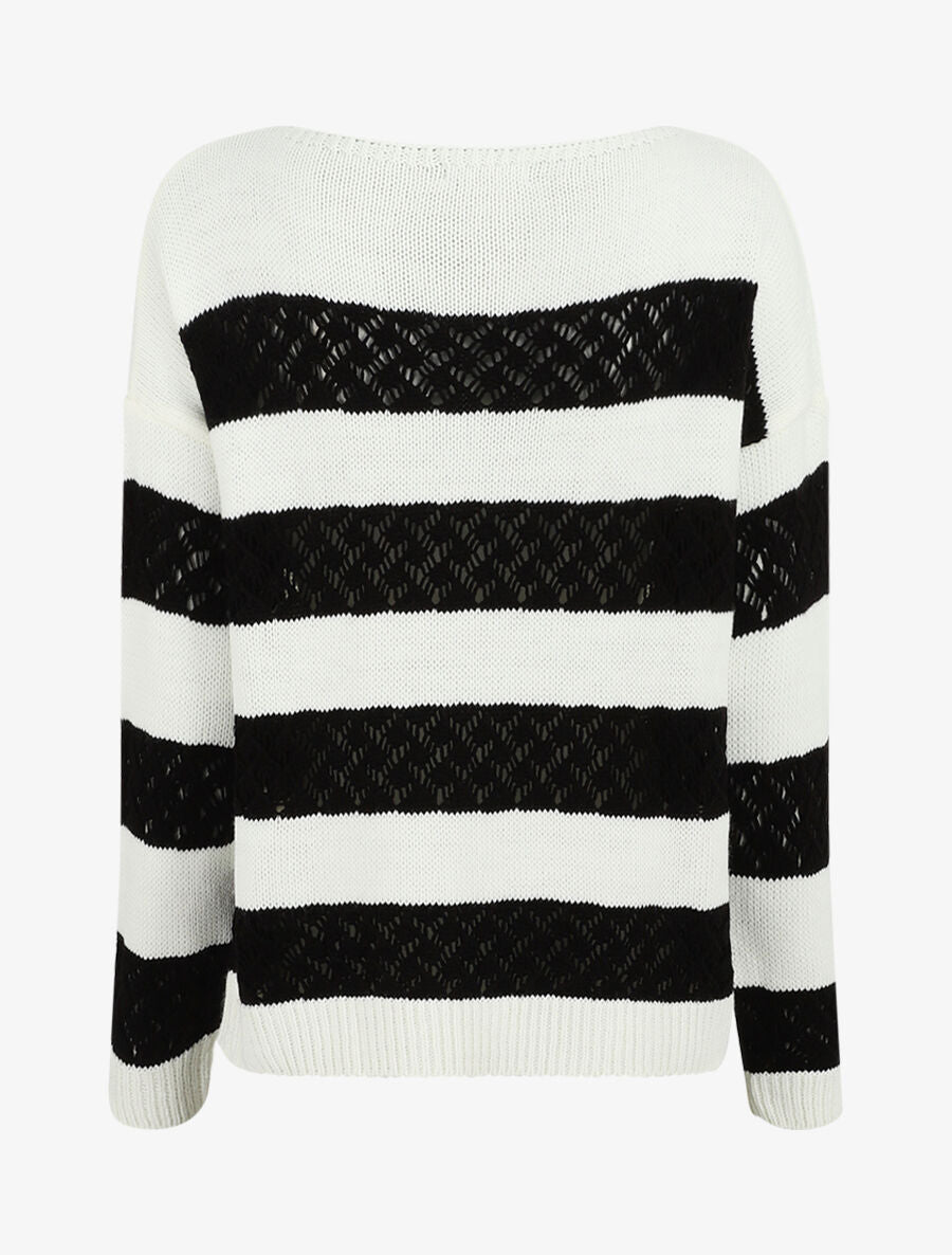 Pull rayé en maille ajourée - Noir - 2