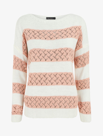 Pull rayé en maille ajourée - Rose - 1