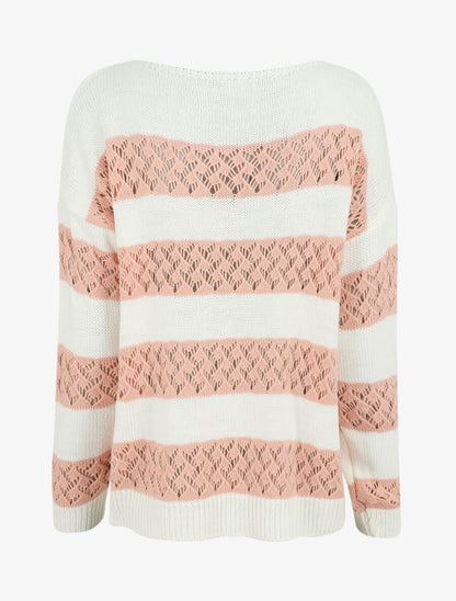 Pull rayé en maille ajourée - Rose - 2