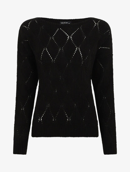 Pull uni en maille ajourée - Noir - 1