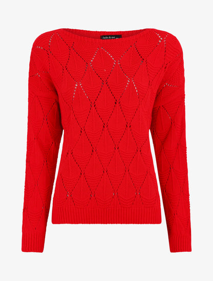 Pull uni en maille ajourée - Rouge - 4