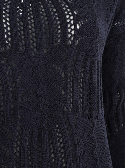 Pull uni à col V ajouré - Marine - 3