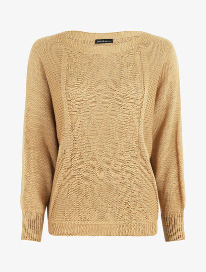 Pull uni en maille motif losange - Camel - 1