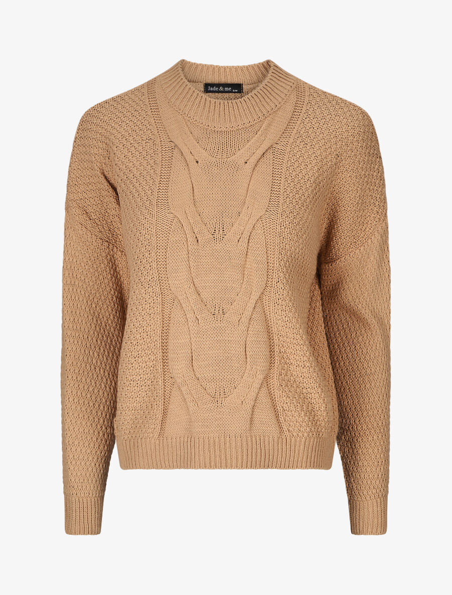 Pull torsadé et bords côtelés - Camel - 1