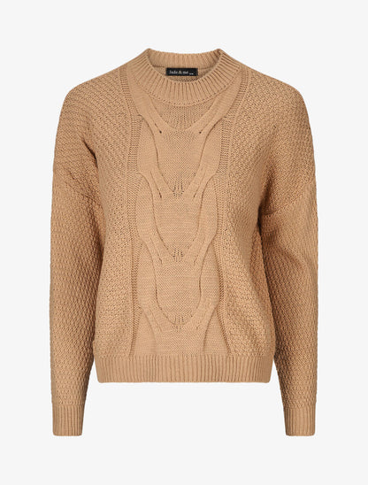 Pull torsadé et bords côtelés - Camel - 1