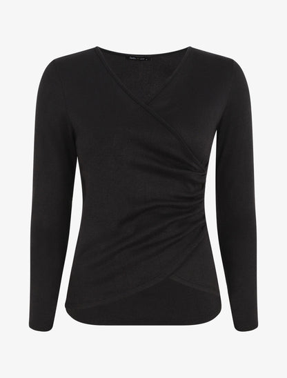 Pull fin à encolure cache-coeur et effet drapé - Noir - 4