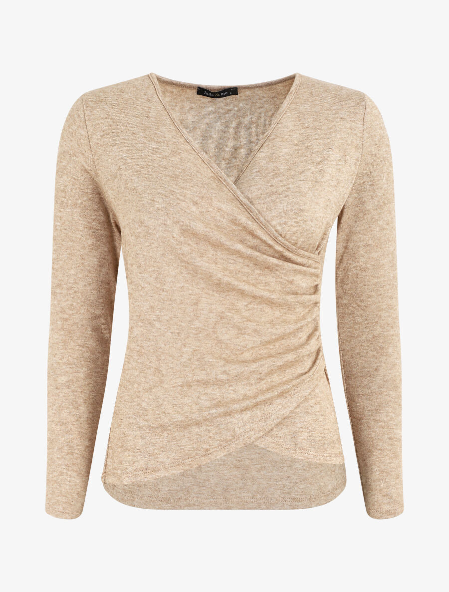 Pull fin à encolure cache-coeur et effet drapé - Camel - 1