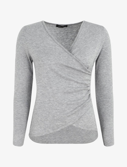 Pull fin à encolure cache-coeur et effet drapé - Gris - 1