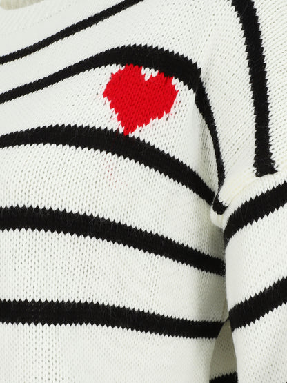 Pull rayé à coeur - Blanc - 3