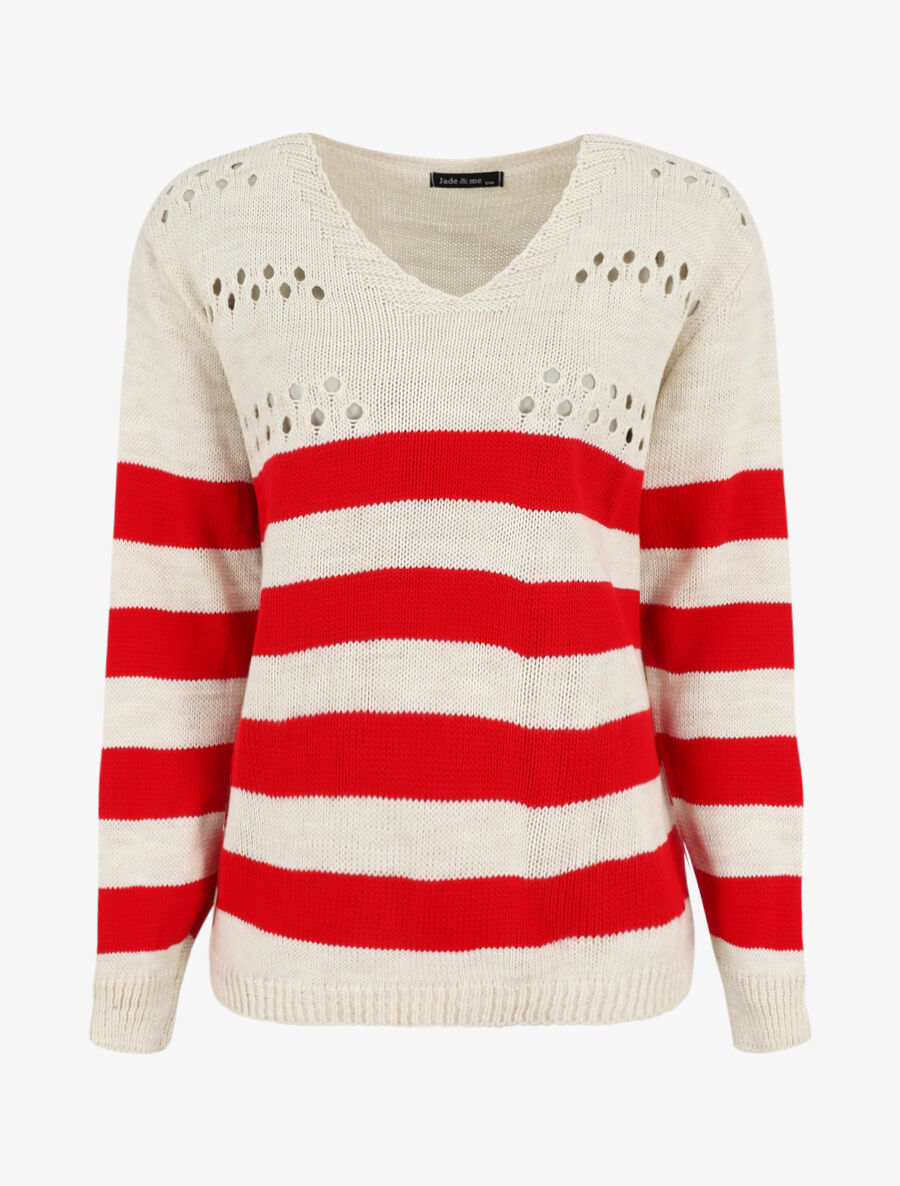 Pull ajourée à rayures - Rouge/beige - 1
