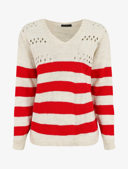 Pull ajourée à rayures - Rouge/beige - 1