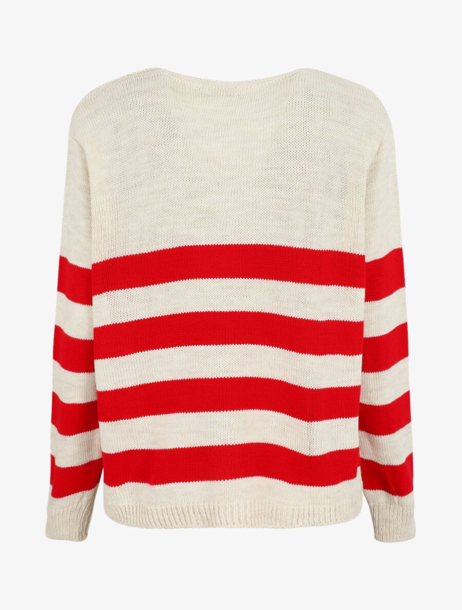 Pull ajourée à rayures - Rouge/beige - 2