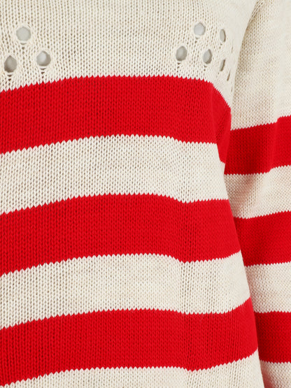 Pull ajourée à rayures - Rouge/beige - 3