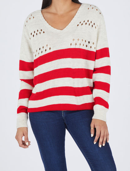 Pull ajourée à rayures - Rouge/beige - 4