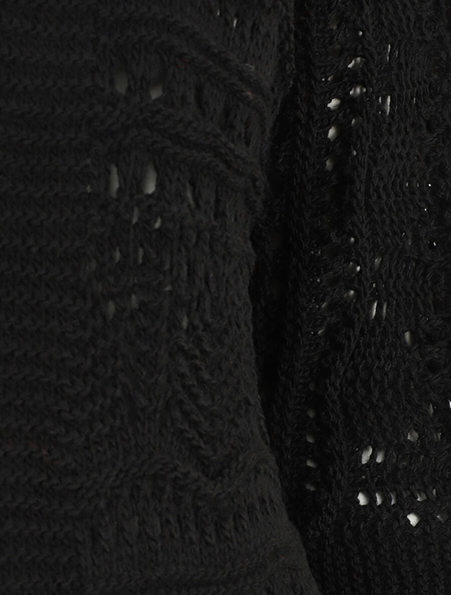 Gilet long en maille ajourée à manches 3/4 - Noir - 3