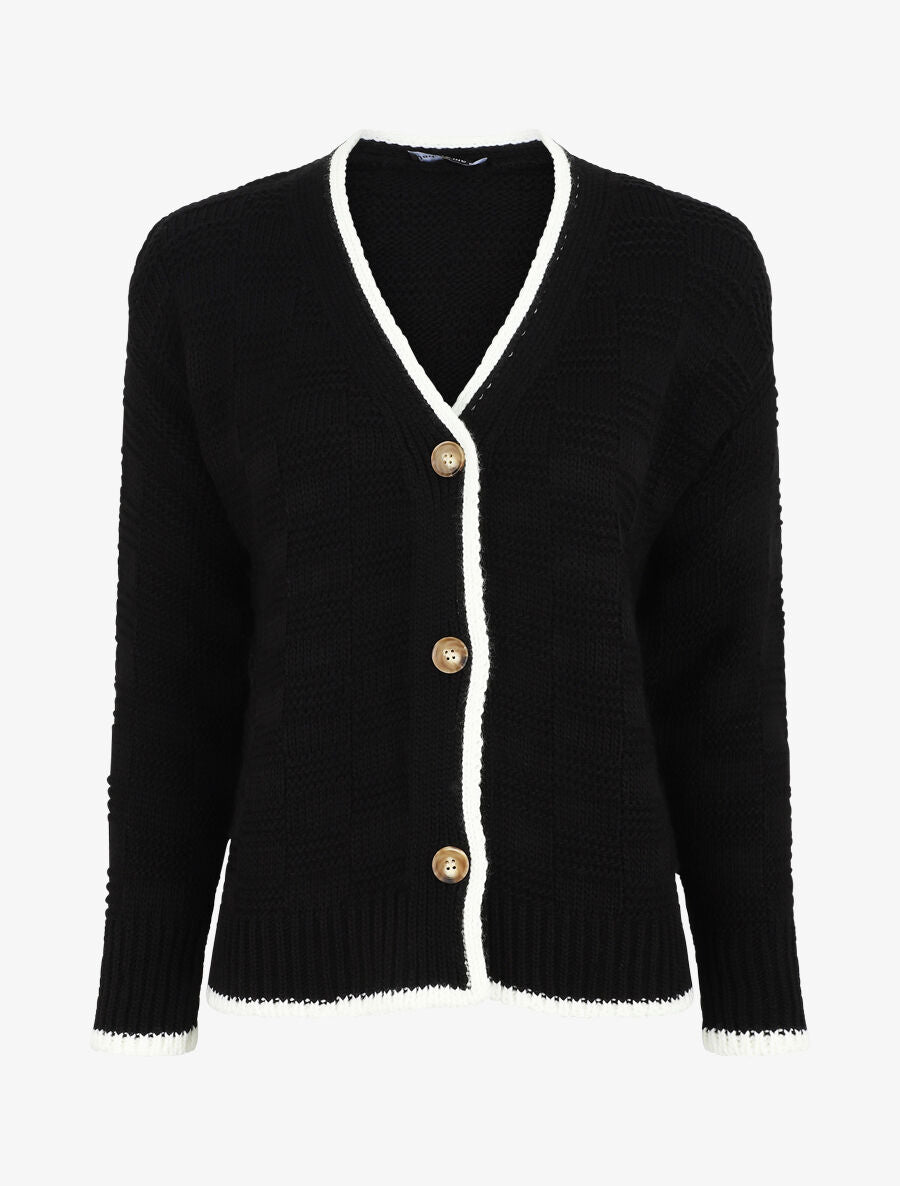 Gilet col V en maille stylisée - Noir - 1