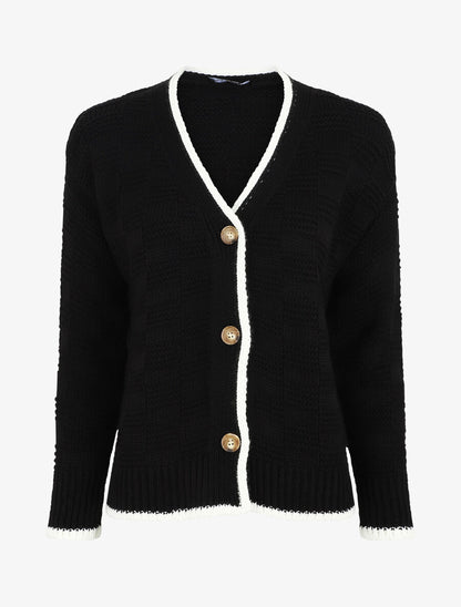 Gilet col V en maille stylisée - Noir - 1