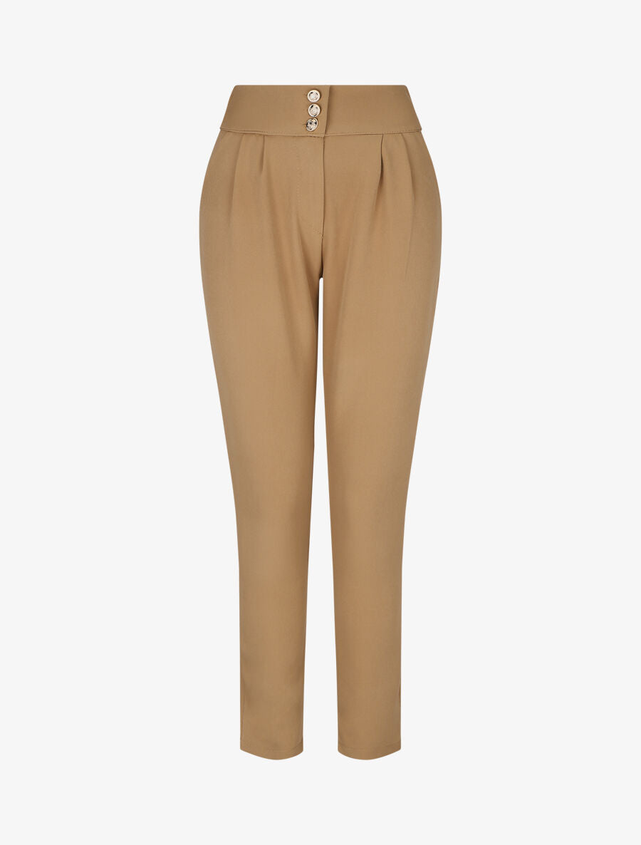 Pantalon uni à taille élastiquée - Camel - 1