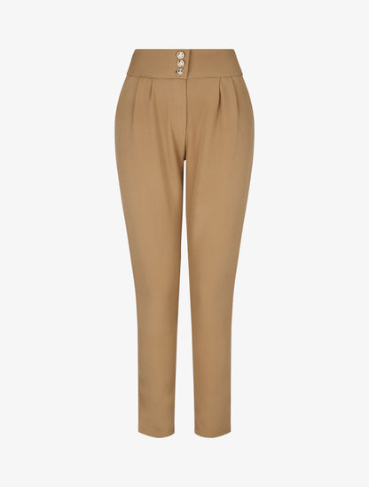 Pantalon uni à taille élastiquée - Camel - 1
