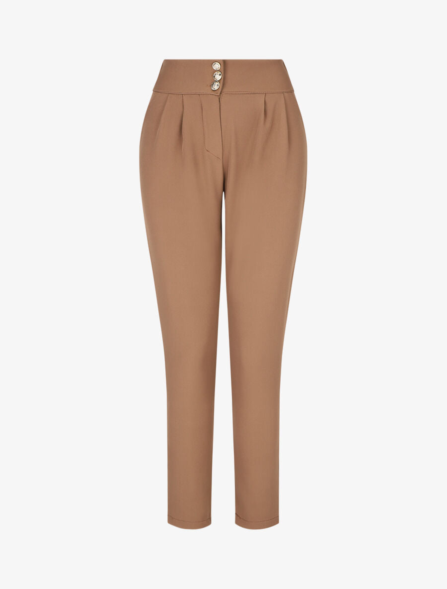 Pantalon uni à taille élastiquée - Taupe - 4