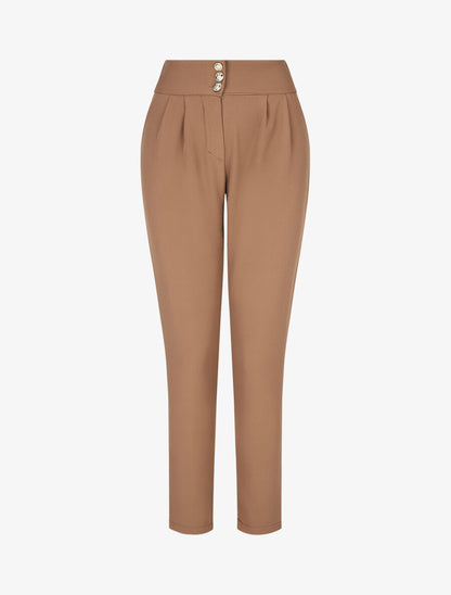 Pantalon uni à taille élastiquée - Taupe - 4