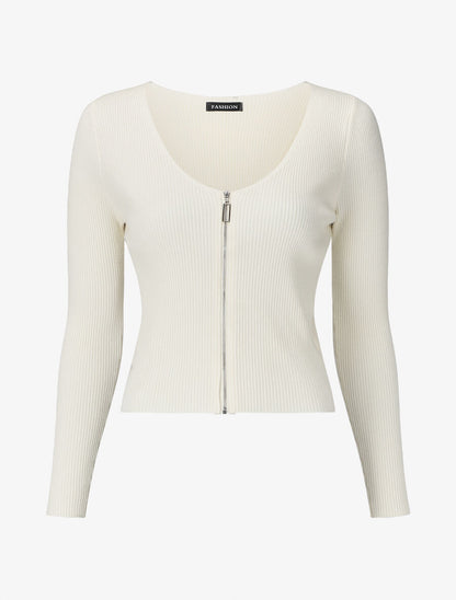 Pull côtélé à zip - Écru - 1