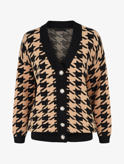 Gilet ample motif pied de coq - Camel/noir - 2
