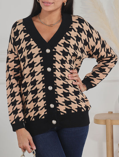 Gilet ample motif pied de coq - Camel/noir - 1