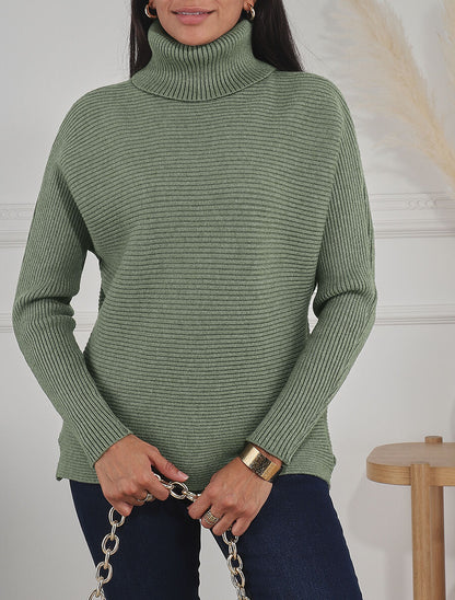 Pull droit côtelé à col roulé - Vert olive - 4