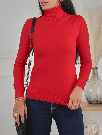 Pull fin uni col roulé - Rouge - 4