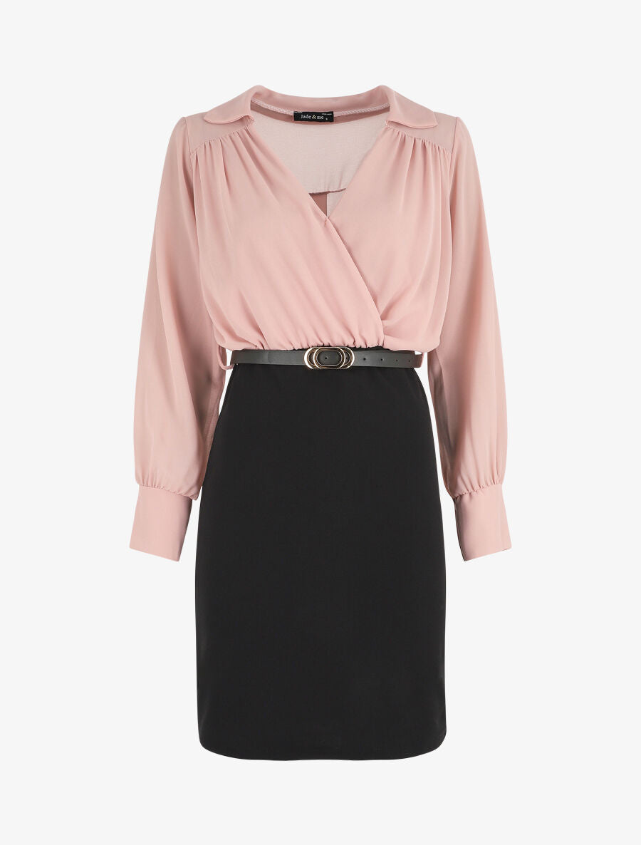 Robe fourreau à col cache-coeur - Noir/rose - 1