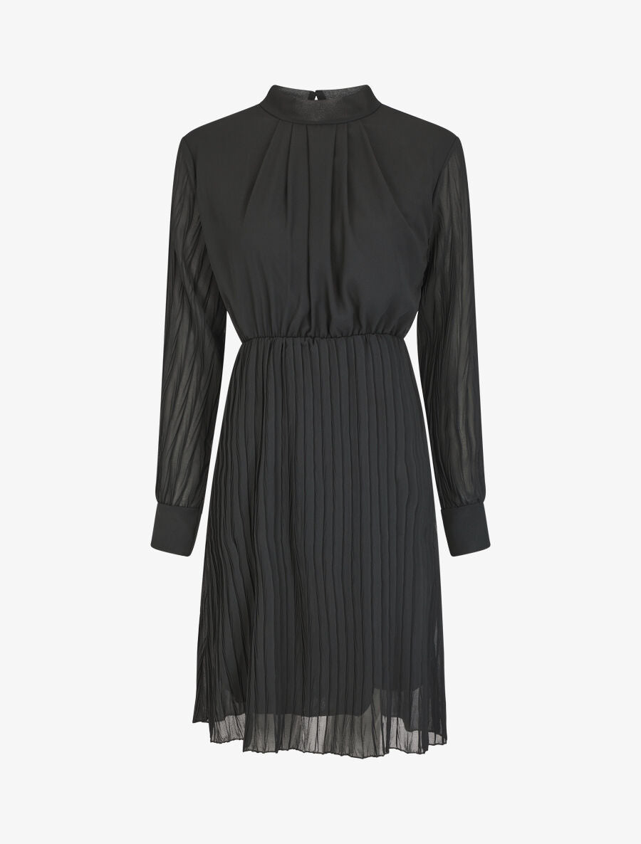 Robe longue à jupe et manches plissées - Noir - 1