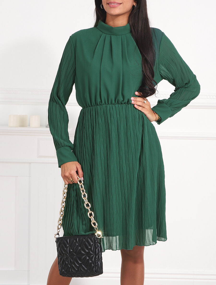 Robe longue à jupe et manches plissées - Vert sapin - 4