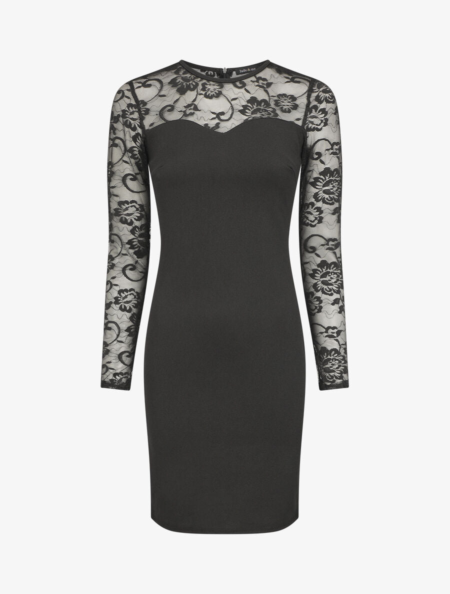 Robe droite à manches en dentelle - Noir - 5