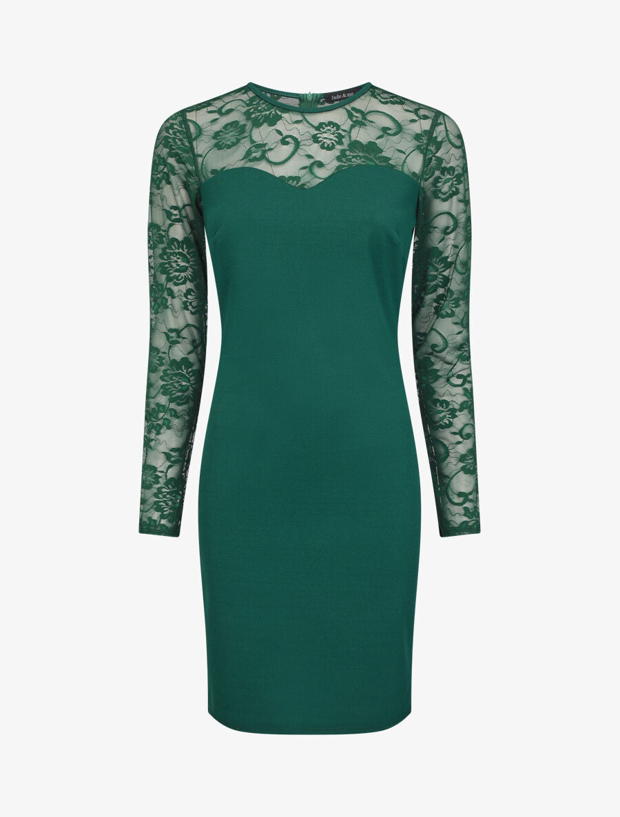 Robe droite à manches en dentelle - Vert sapin - 1