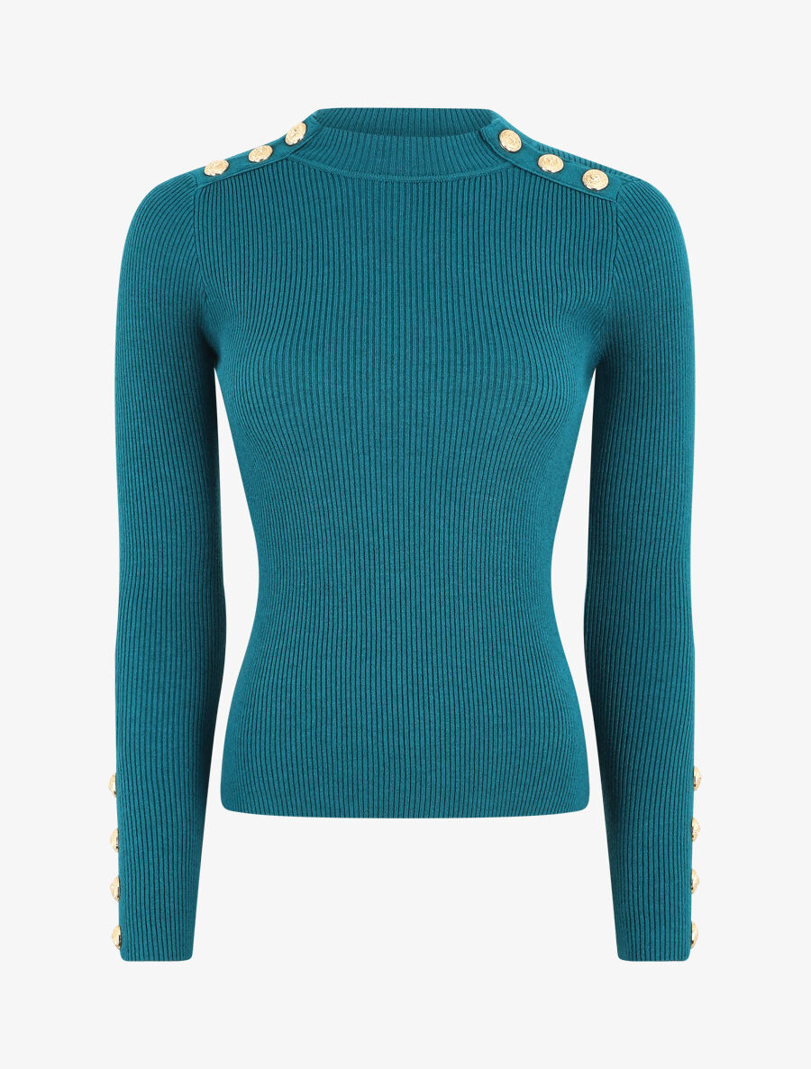 Pull col montant ajusté à boutons - Bleu canard - 5