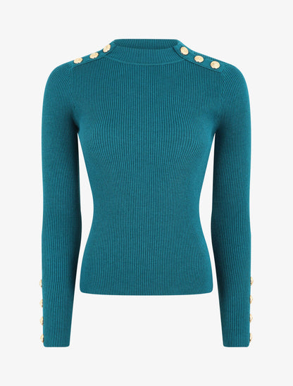 Pull col montant ajusté à boutons - Bleu canard - 5
