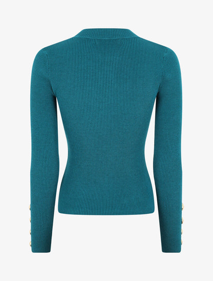 Pull col montant ajusté à boutons - Bleu canard - 2