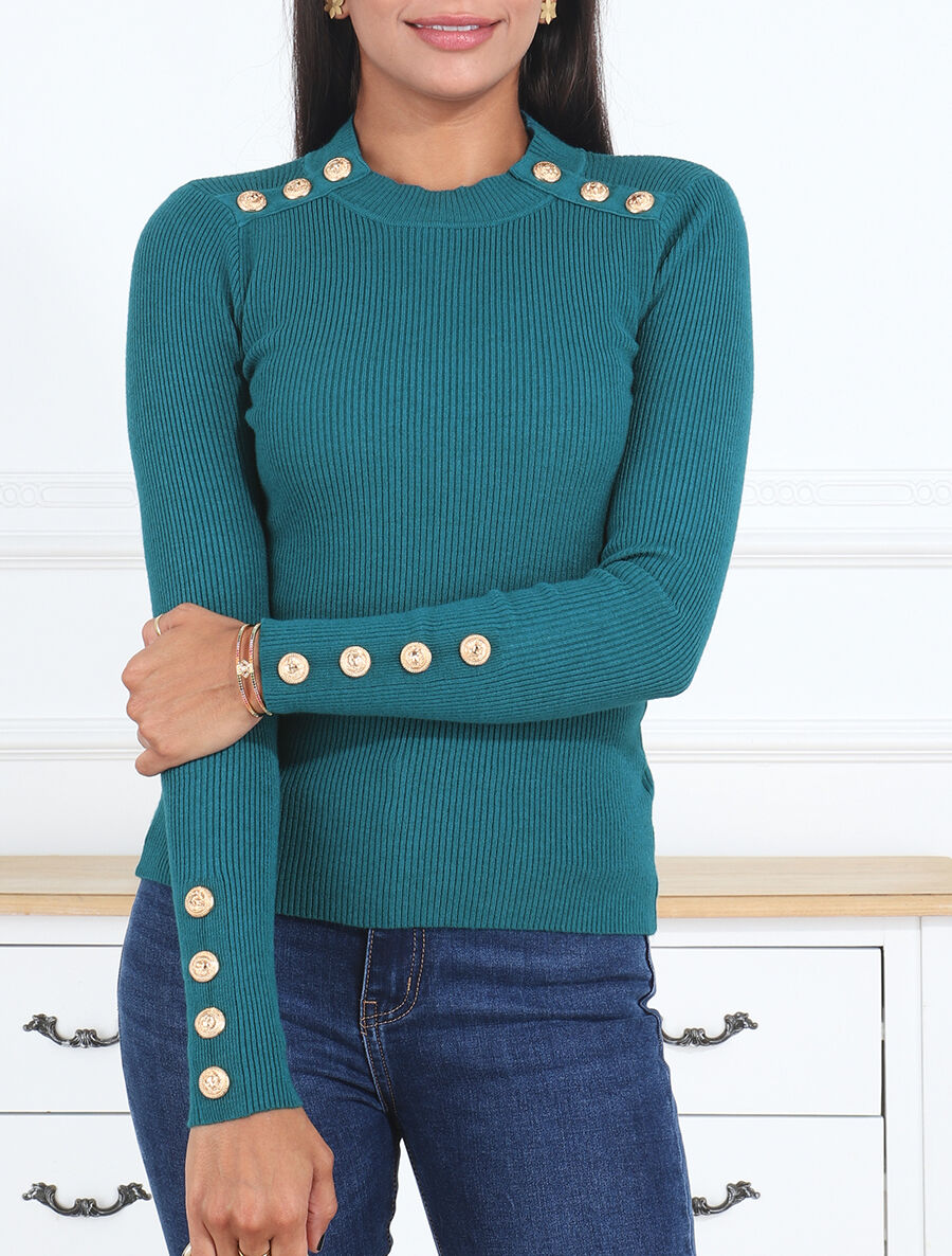 Pull col montant ajusté à boutons - Bleu canard - 4