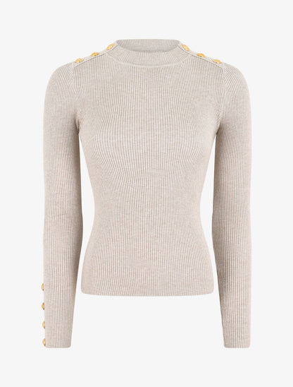 Pull col montant ajusté à boutons - Beige - 1