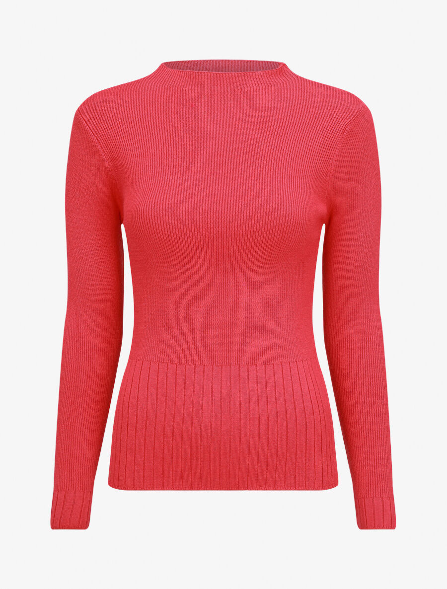 Pull uni côtelé à col montant - Rouge framboise - 1