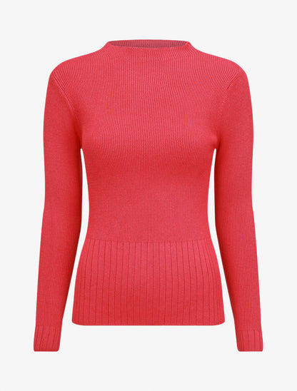 Pull uni côtelé à col montant - Rouge framboise - 1