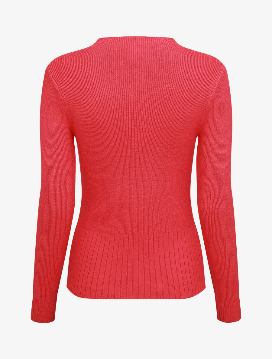 Pull uni côtelé à col montant - Rouge framboise - 2