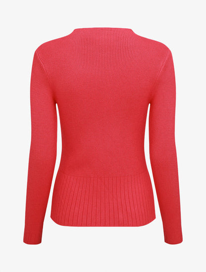 Pull uni côtelé à col montant - Rouge framboise - 2