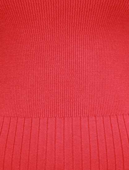 Pull uni côtelé à col montant - Rouge framboise - 3