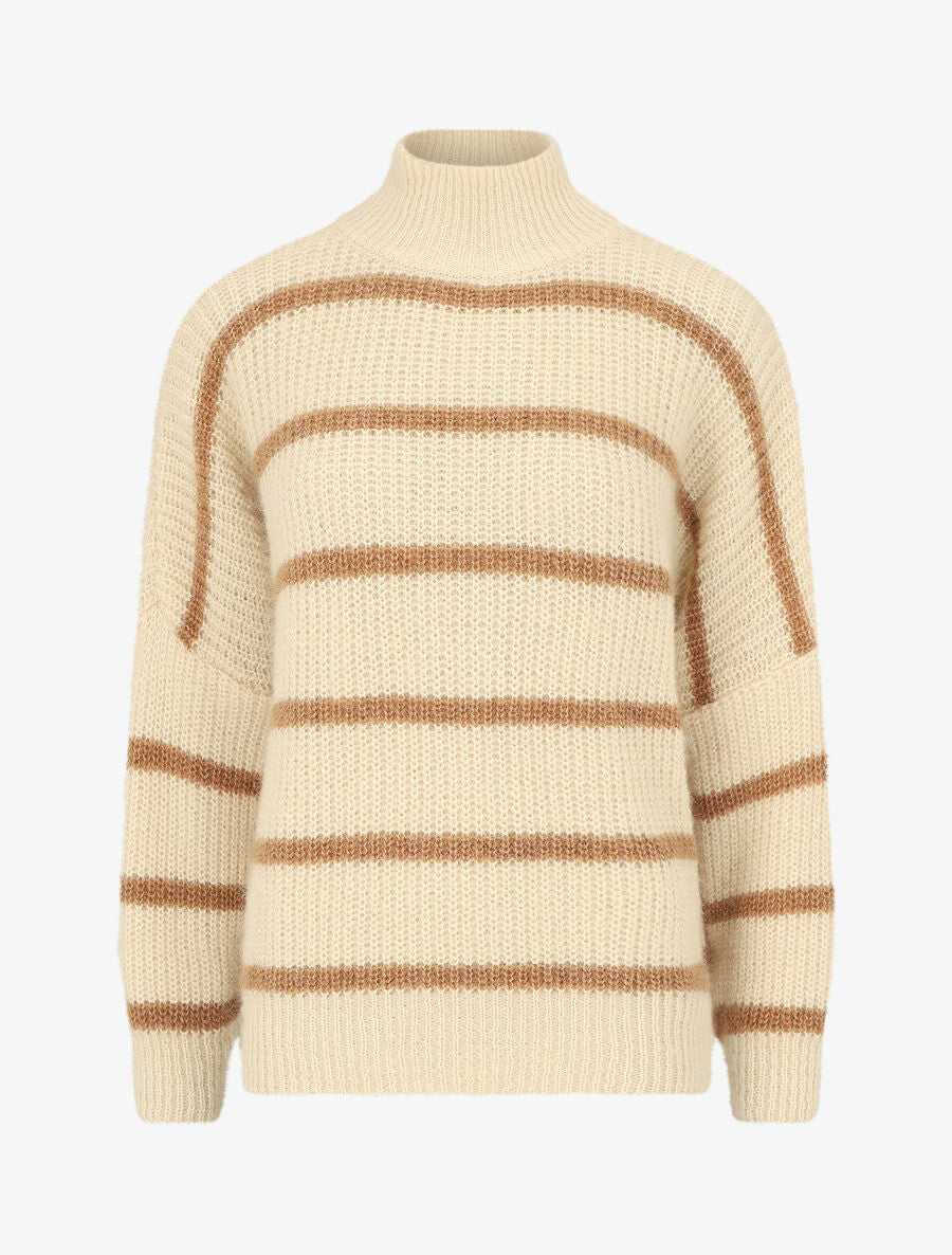 Pull duveteux rayé et col montant - Beige - 1