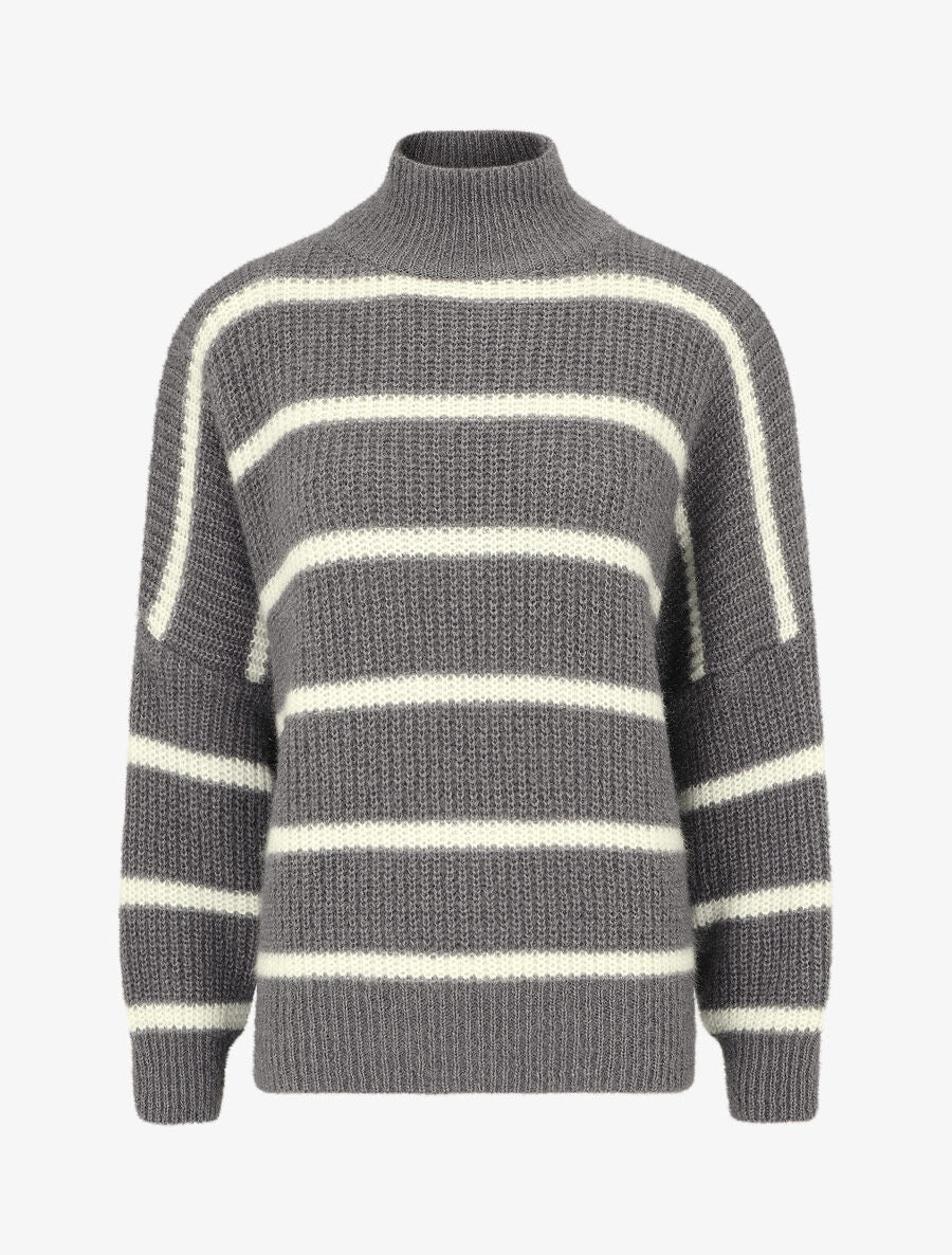 Pull duveteux rayé et col montant - Gris foncé - 1